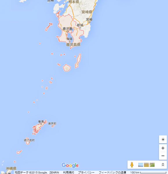 赤枠が鹿児島県です。多数の島を有しています。